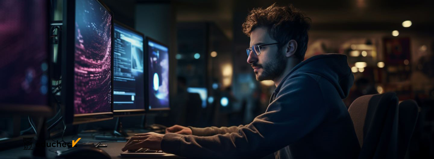 Game Design Studium: Ein Game Designer sitzt am Computer und arbeitet an einem Videospiel