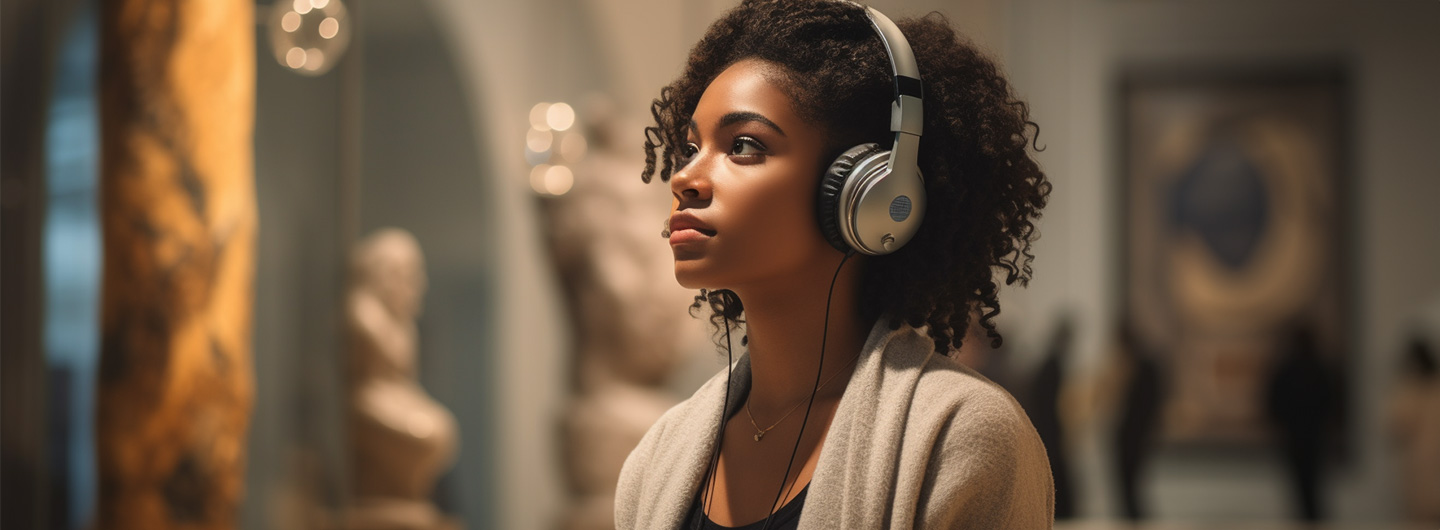 Geschichte Studium: eine junge Frau schaut sich Statuen in einem Museum an