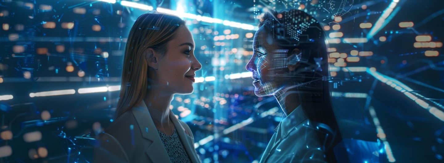 Künstliche Intelligenz Weiterbildung: eine Frau und eine von KI generierte Frau stehen sich gegenüber und lächeln