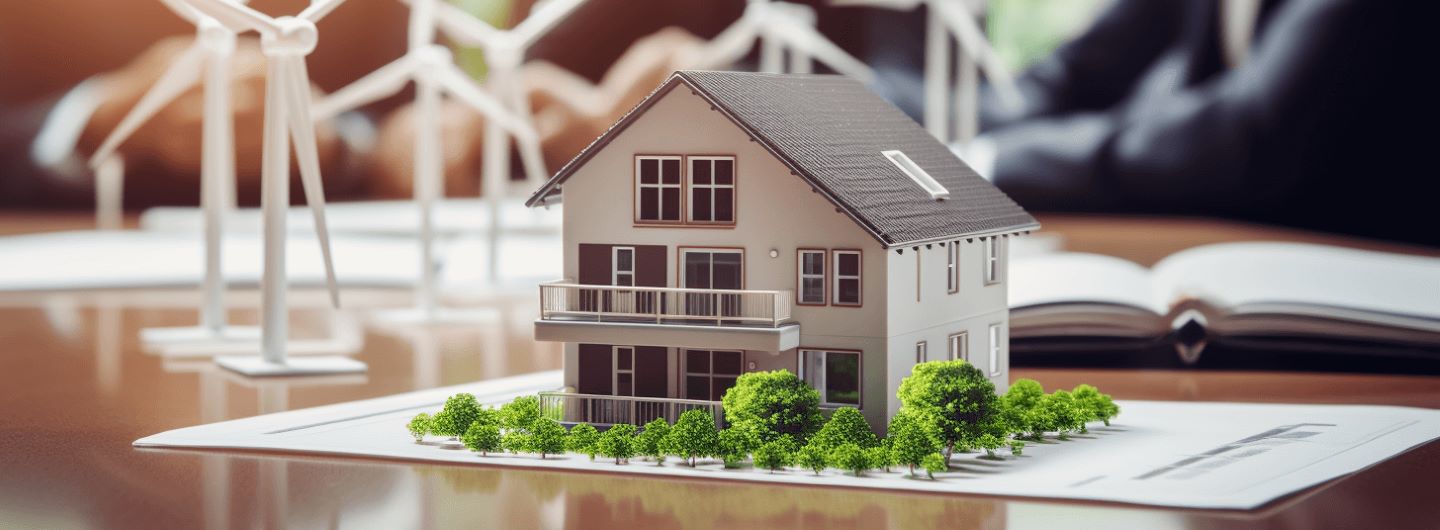 Umweltmanagement Studium: Modelhaus vor Modelwindrädern